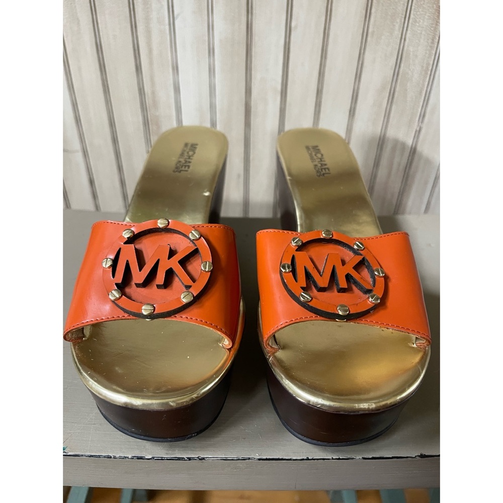Michael Platform Wedge Sandals Orange Patent Leather